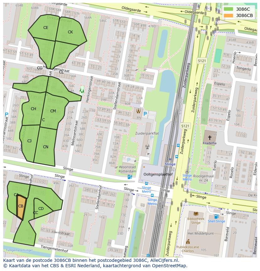 Afbeelding van het postcodegebied 3086 CB op de kaart.
