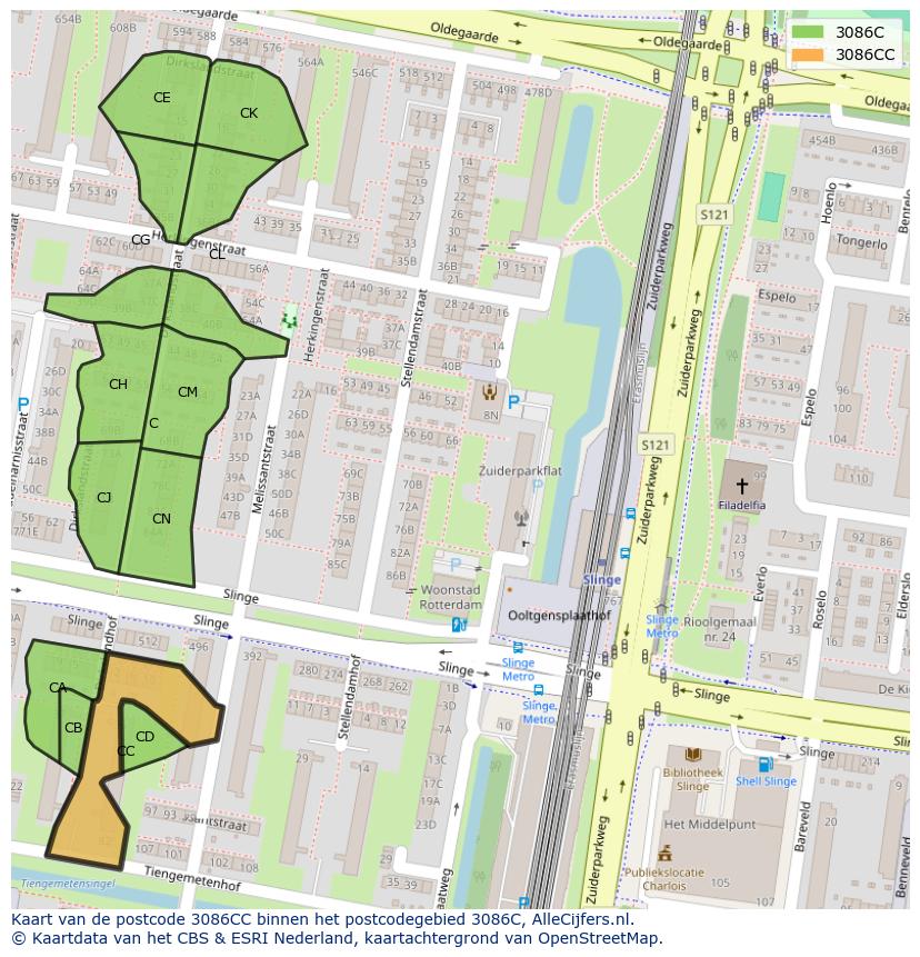 Afbeelding van het postcodegebied 3086 CC op de kaart.