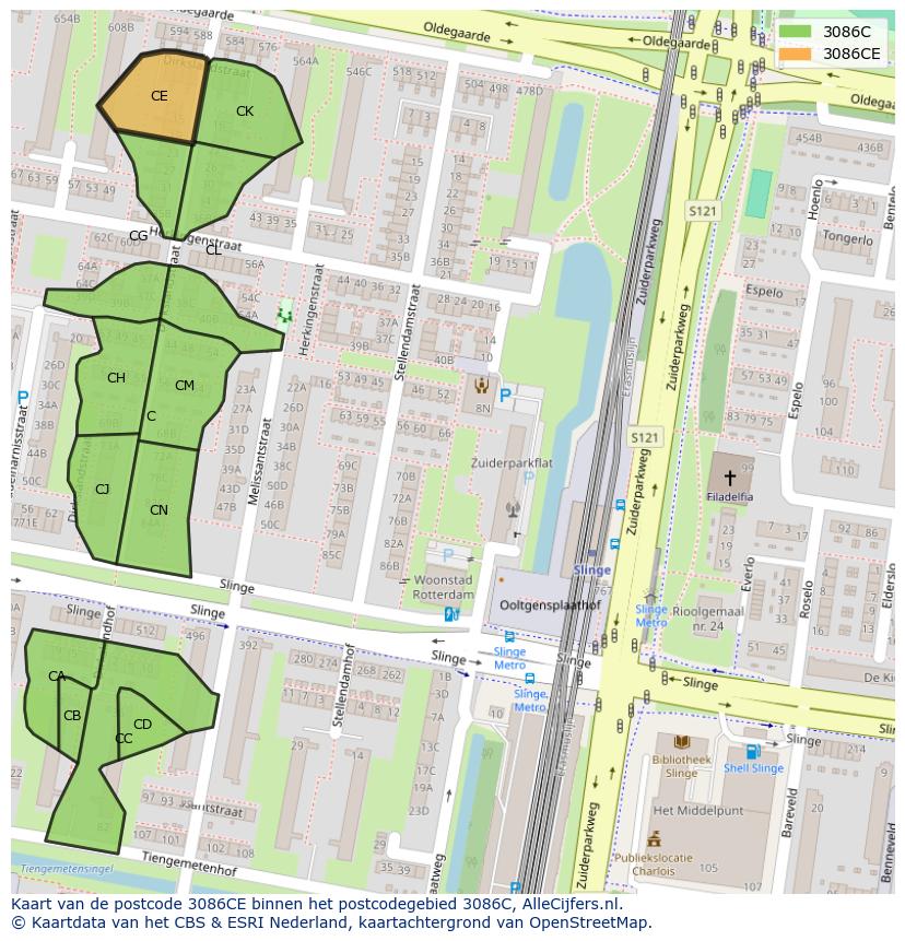 Afbeelding van het postcodegebied 3086 CE op de kaart.