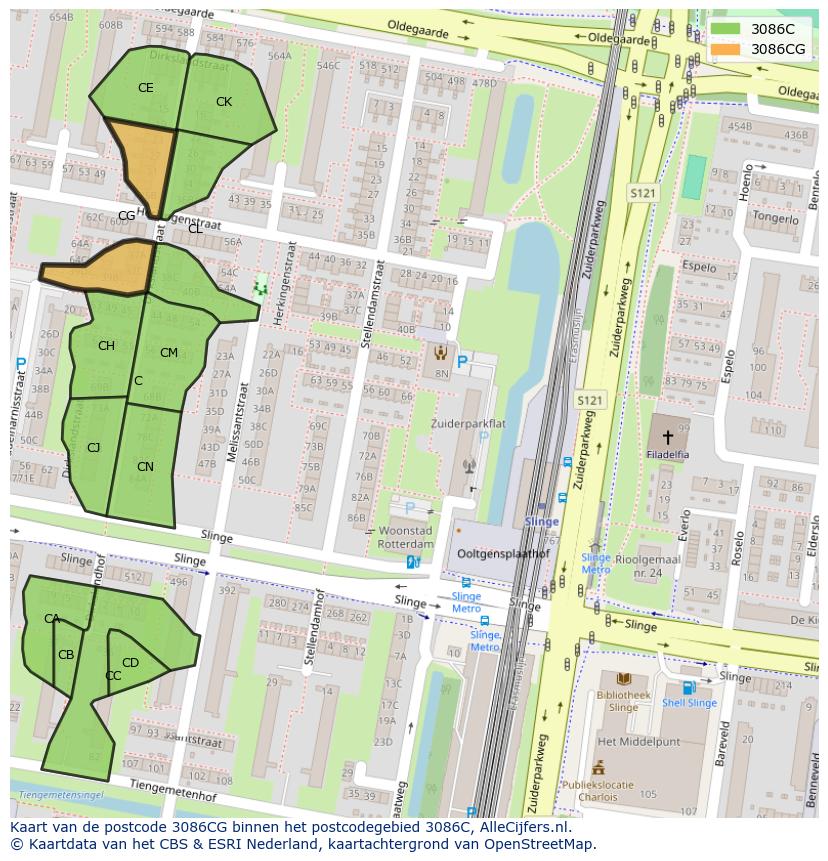 Afbeelding van het postcodegebied 3086 CG op de kaart.