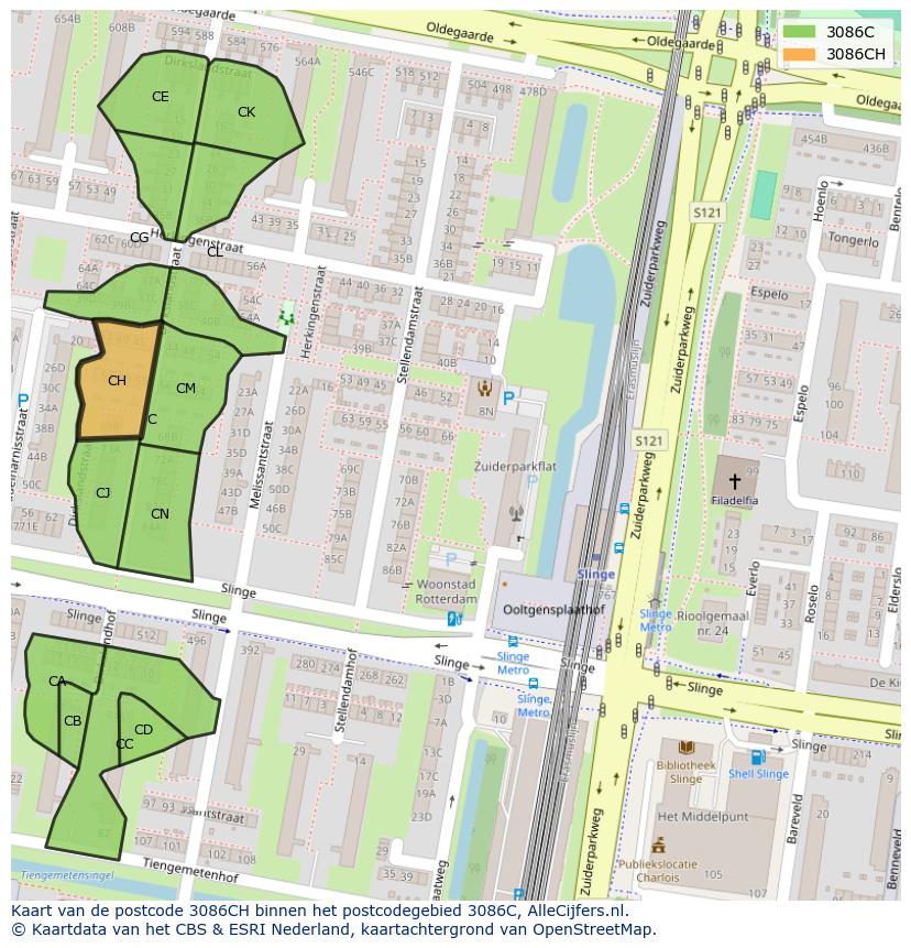 Afbeelding van het postcodegebied 3086 CH op de kaart.