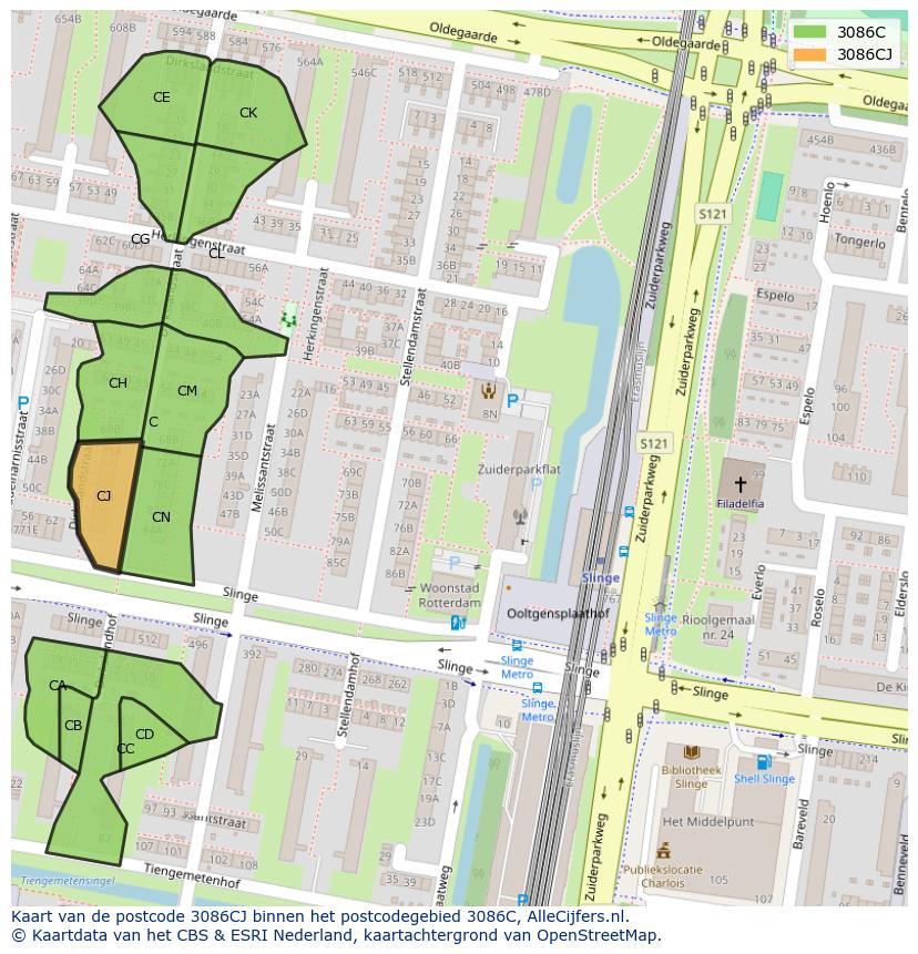 Afbeelding van het postcodegebied 3086 CJ op de kaart.