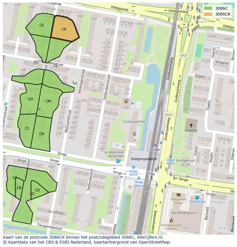 Afbeelding van het postcodegebied 3086 CK op de kaart.