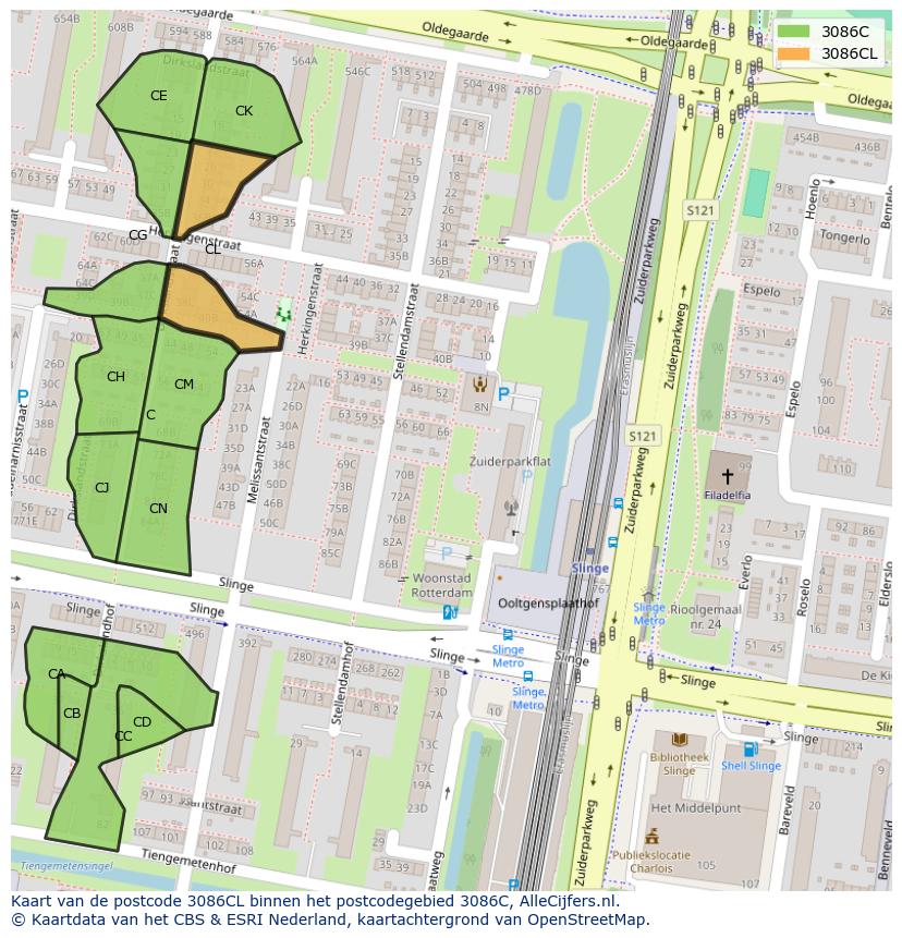 Afbeelding van het postcodegebied 3086 CL op de kaart.