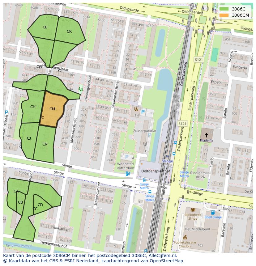 Afbeelding van het postcodegebied 3086 CM op de kaart.