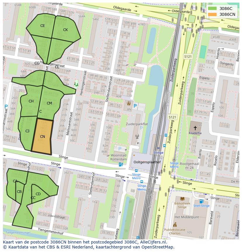 Afbeelding van het postcodegebied 3086 CN op de kaart.