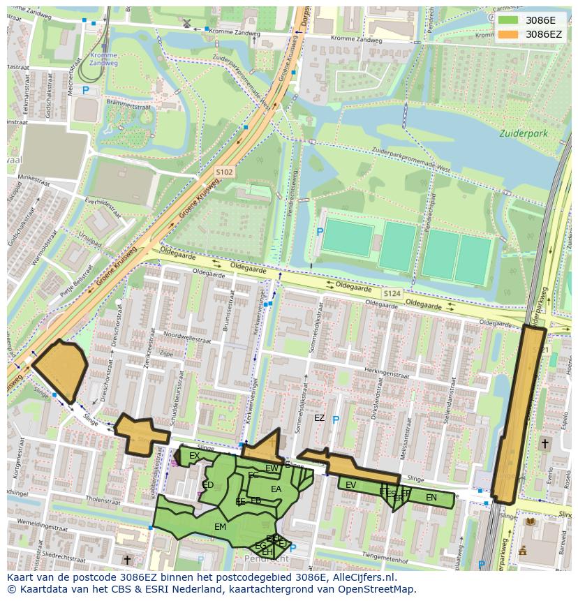 Afbeelding van het postcodegebied 3086 EZ op de kaart.