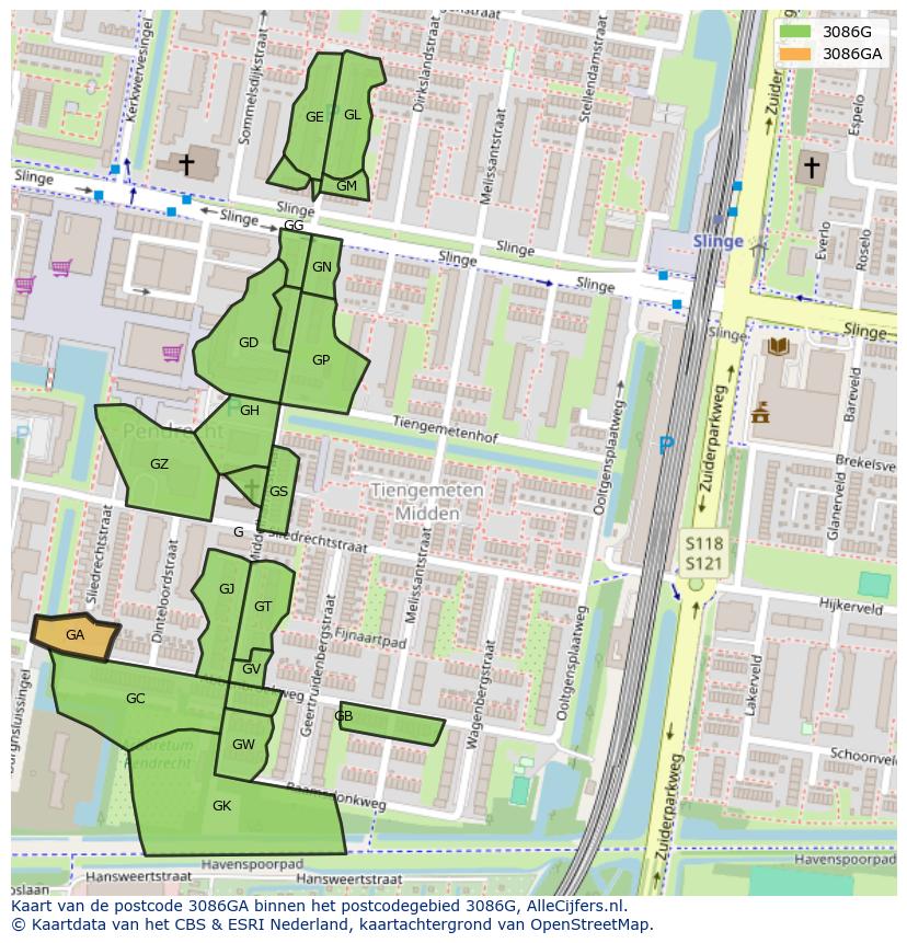 Afbeelding van het postcodegebied 3086 GA op de kaart.