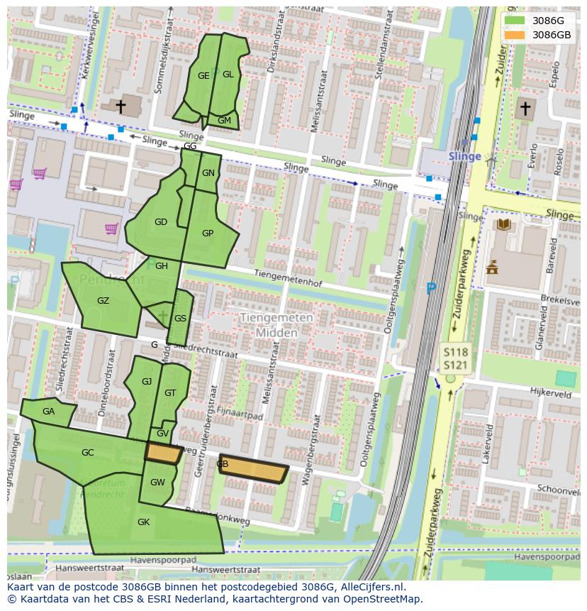 Afbeelding van het postcodegebied 3086 GB op de kaart.