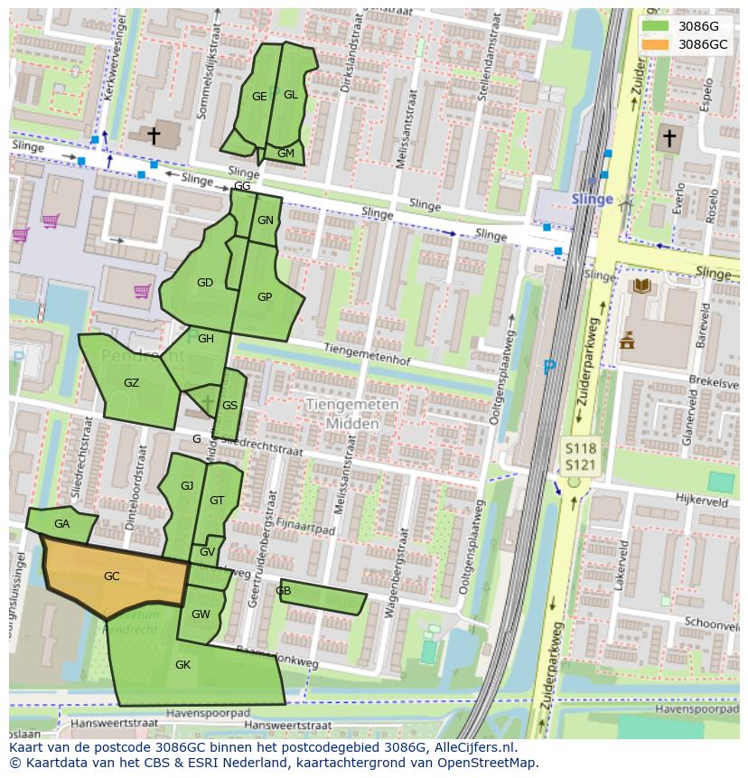 Afbeelding van het postcodegebied 3086 GC op de kaart.