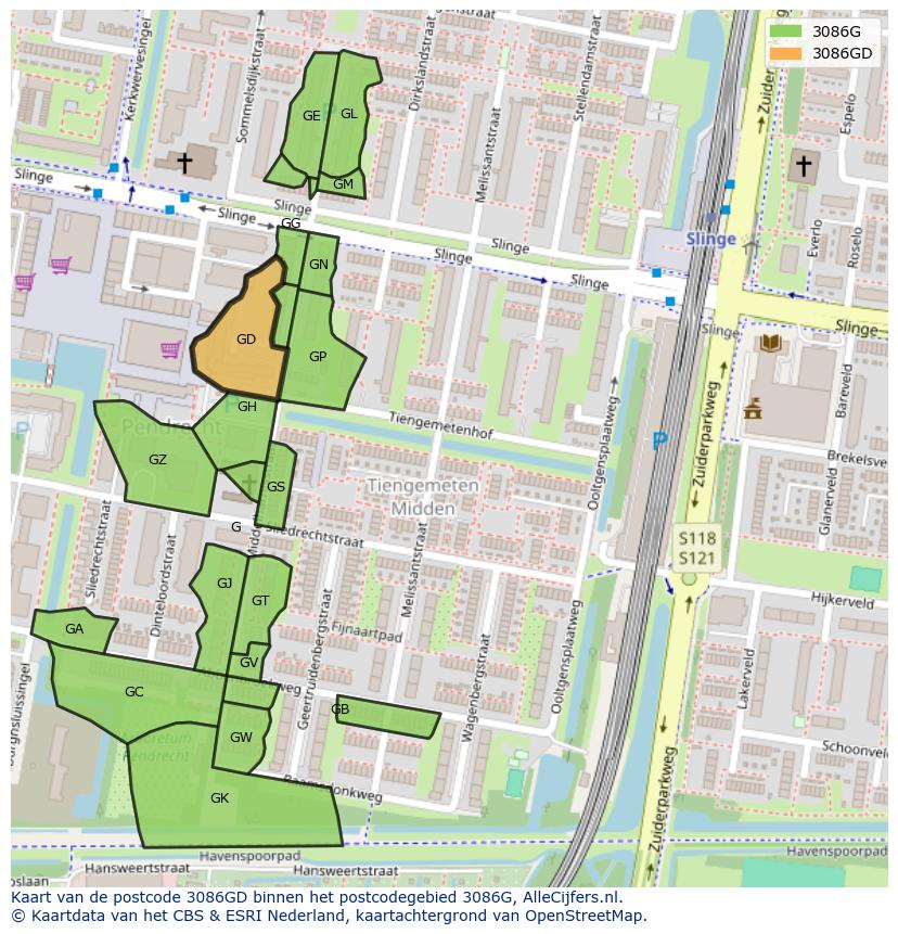 Afbeelding van het postcodegebied 3086 GD op de kaart.