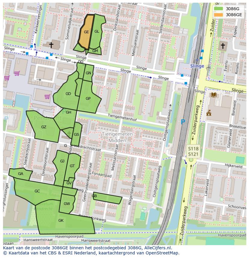 Afbeelding van het postcodegebied 3086 GE op de kaart.