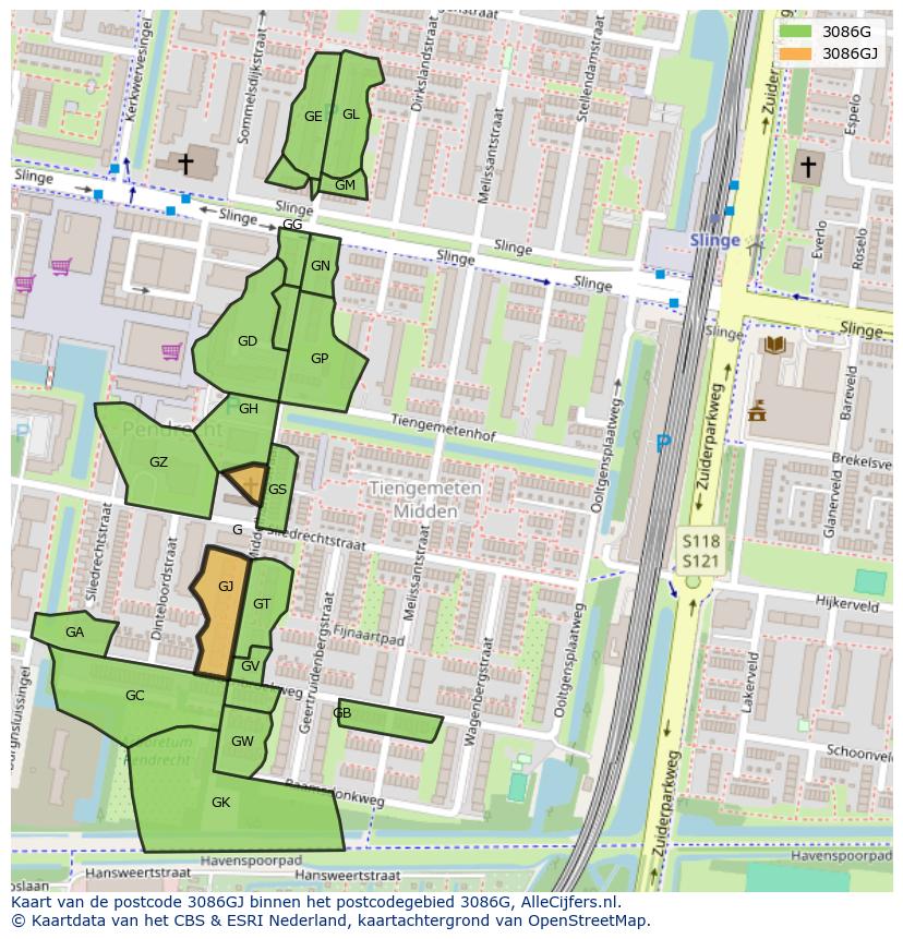 Afbeelding van het postcodegebied 3086 GJ op de kaart.