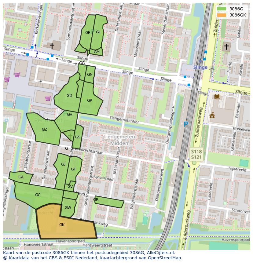 Afbeelding van het postcodegebied 3086 GK op de kaart.