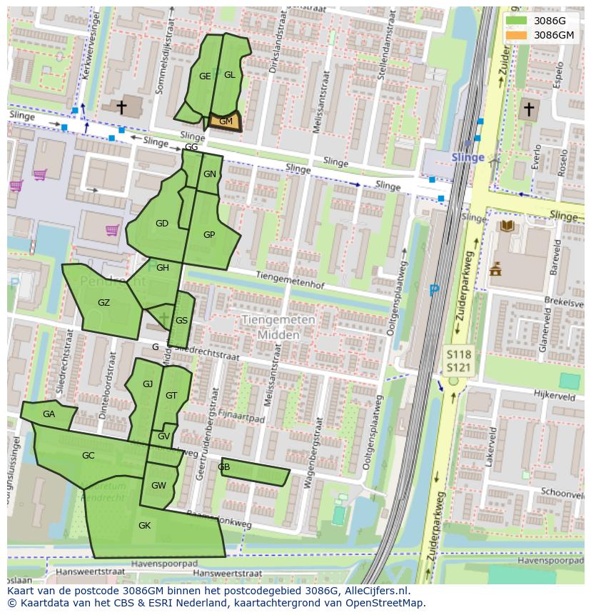 Afbeelding van het postcodegebied 3086 GM op de kaart.