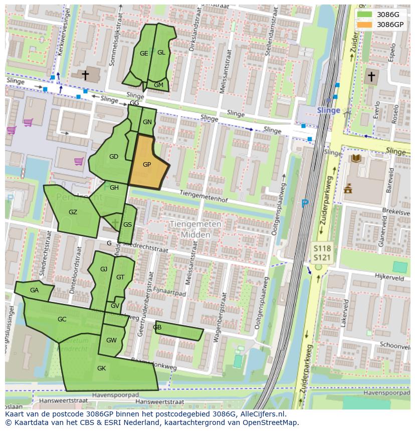 Afbeelding van het postcodegebied 3086 GP op de kaart.