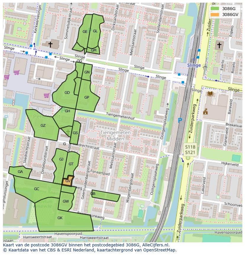 Afbeelding van het postcodegebied 3086 GV op de kaart.