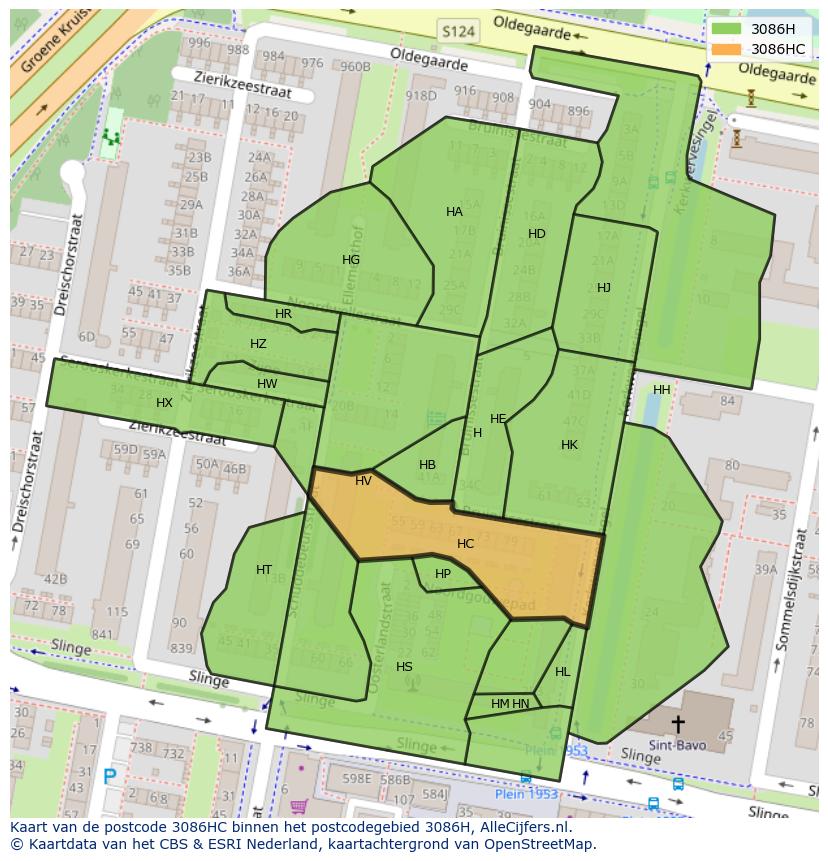 Afbeelding van het postcodegebied 3086 HC op de kaart.