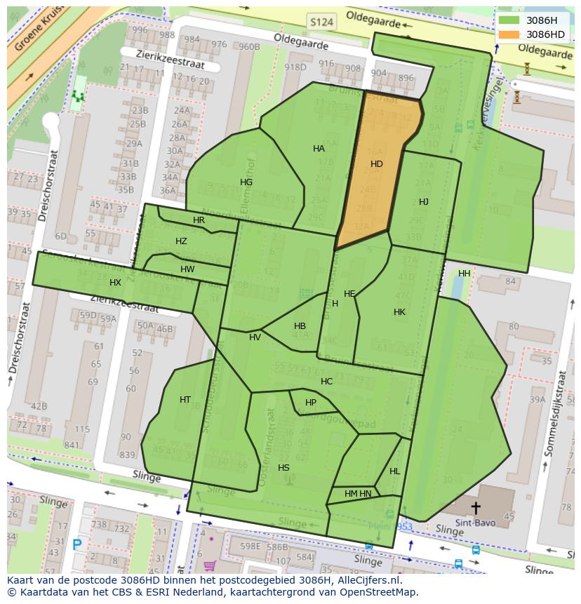 Afbeelding van het postcodegebied 3086 HD op de kaart.