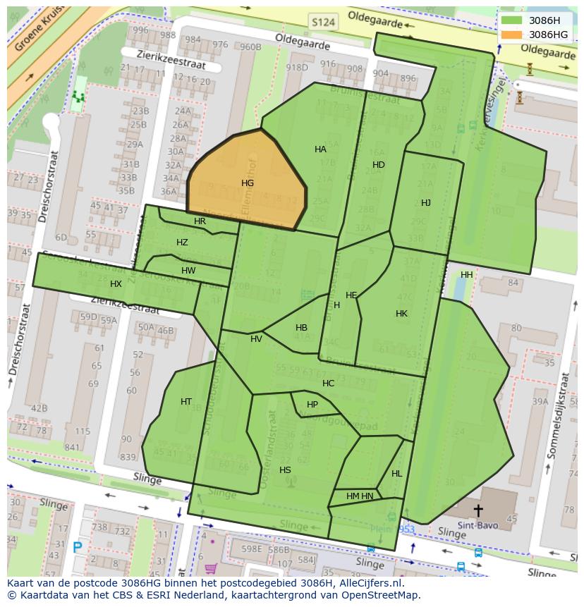 Afbeelding van het postcodegebied 3086 HG op de kaart.