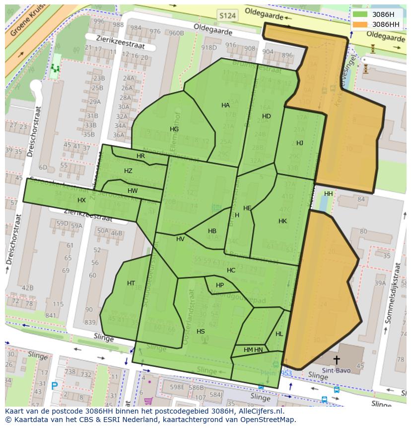 Afbeelding van het postcodegebied 3086 HH op de kaart.