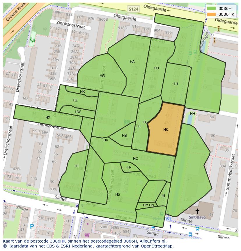 Afbeelding van het postcodegebied 3086 HK op de kaart.