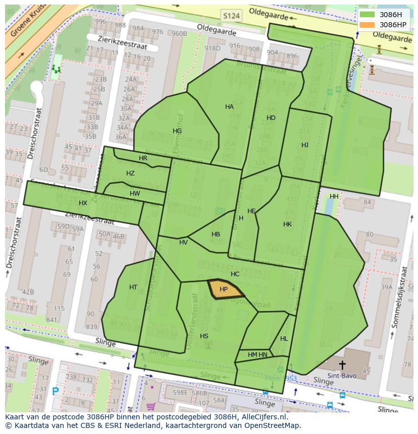 Afbeelding van het postcodegebied 3086 HP op de kaart.