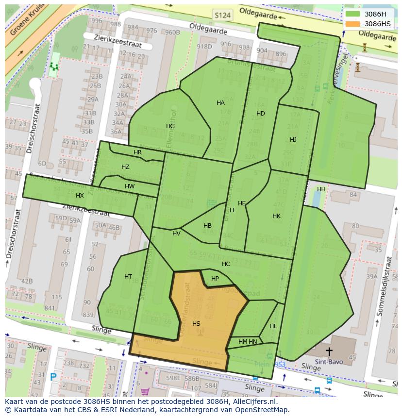 Afbeelding van het postcodegebied 3086 HS op de kaart.