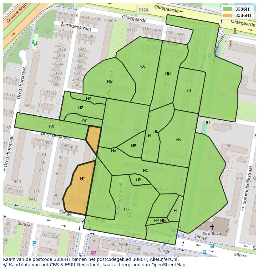 Afbeelding van het postcodegebied 3086 HT op de kaart.