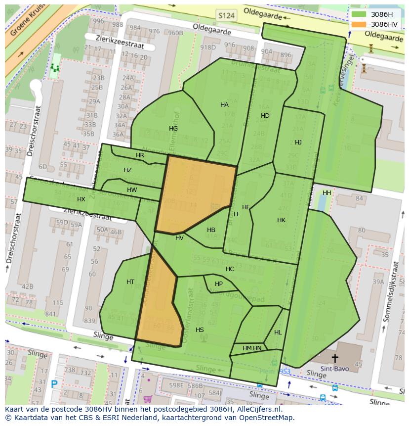 Afbeelding van het postcodegebied 3086 HV op de kaart.