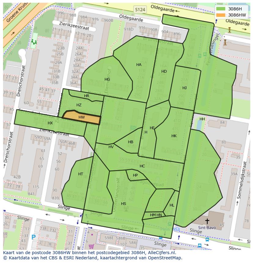 Afbeelding van het postcodegebied 3086 HW op de kaart.