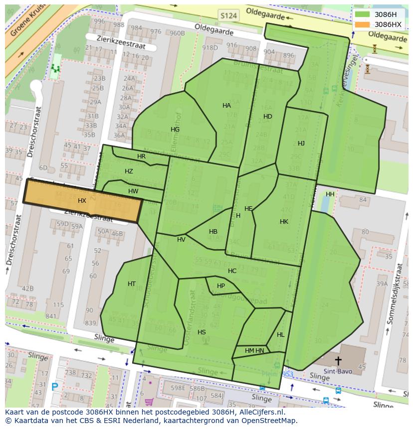 Afbeelding van het postcodegebied 3086 HX op de kaart.