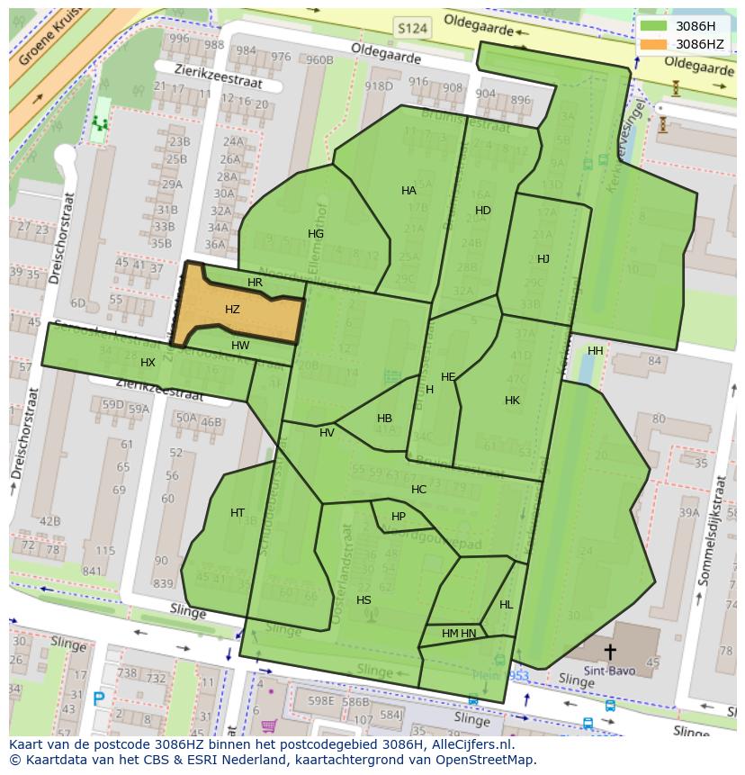 Afbeelding van het postcodegebied 3086 HZ op de kaart.