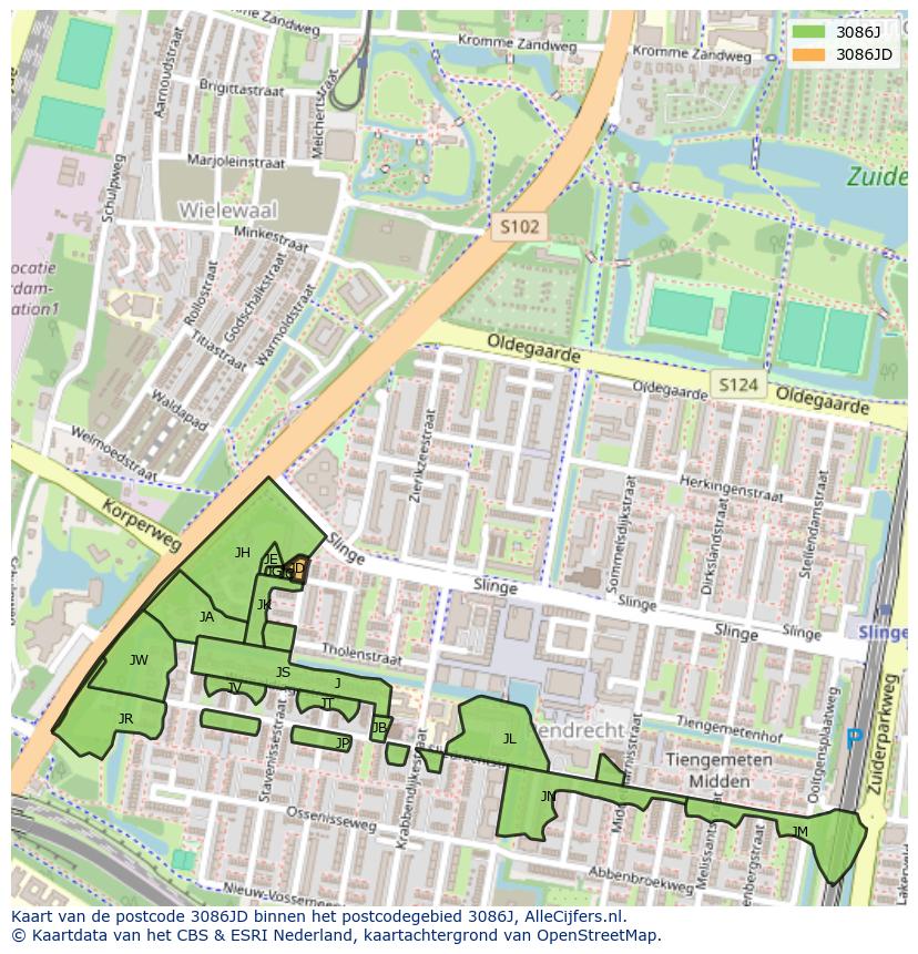 Afbeelding van het postcodegebied 3086 JD op de kaart.