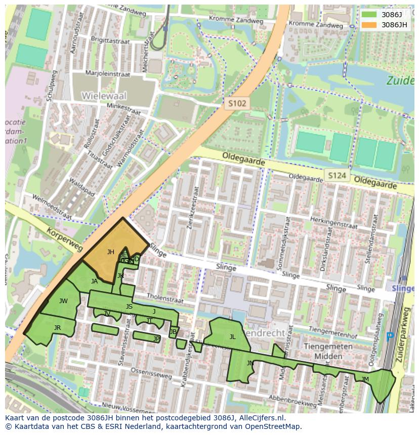 Afbeelding van het postcodegebied 3086 JH op de kaart.