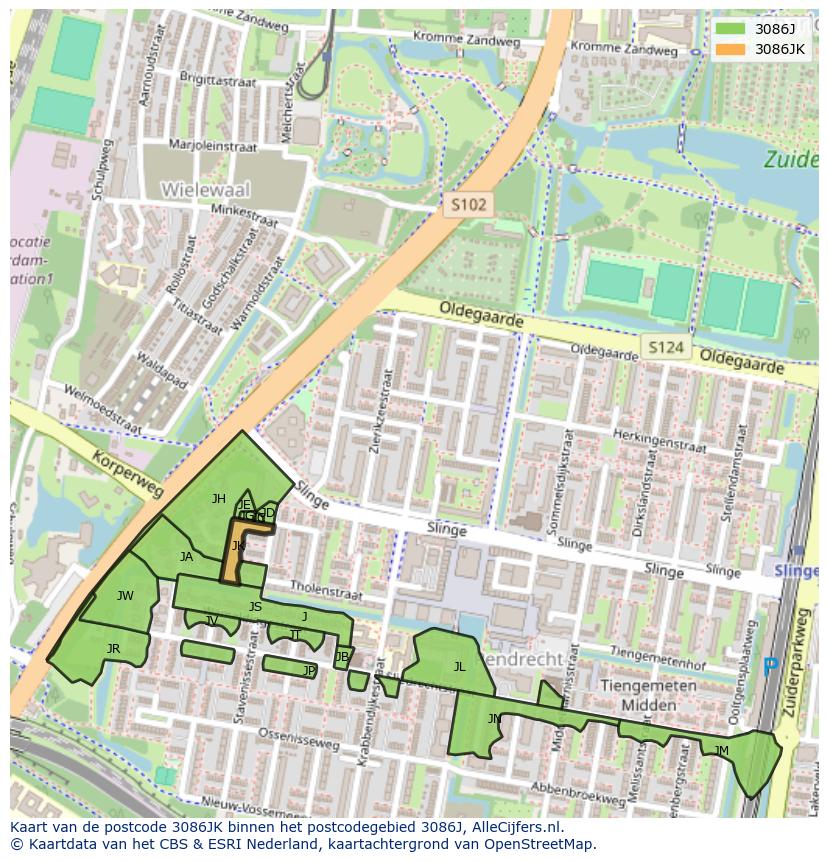 Afbeelding van het postcodegebied 3086 JK op de kaart.