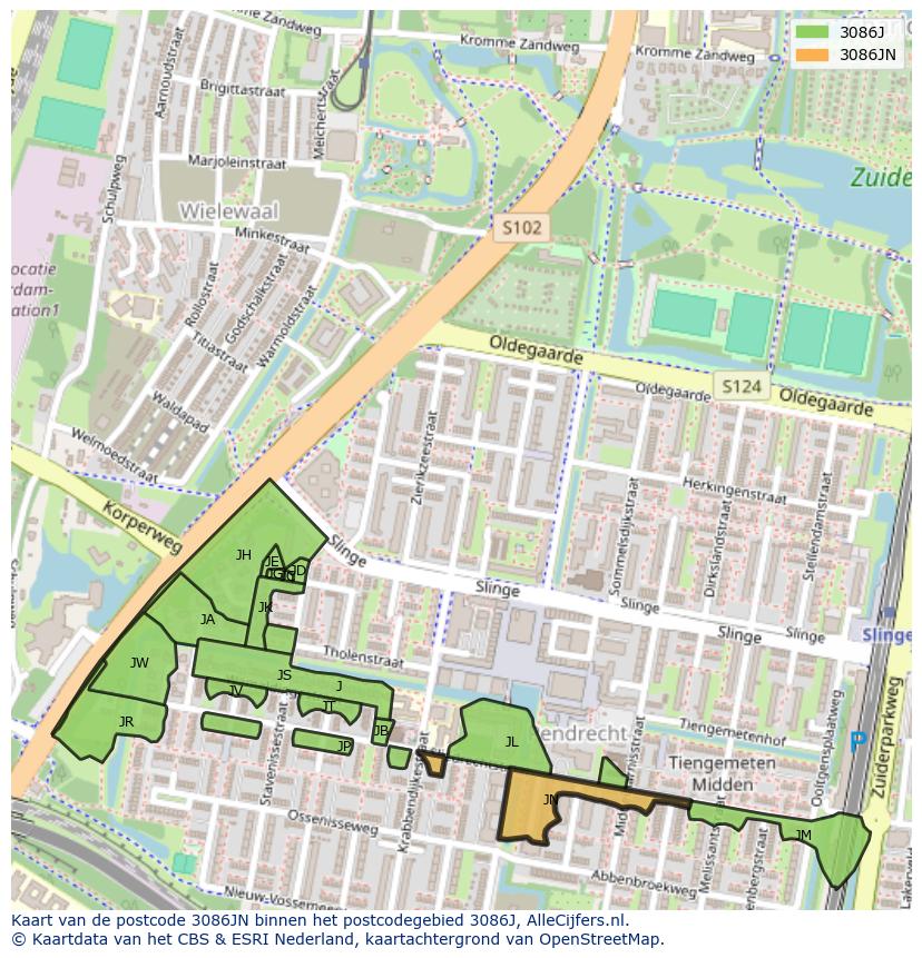 Afbeelding van het postcodegebied 3086 JN op de kaart.