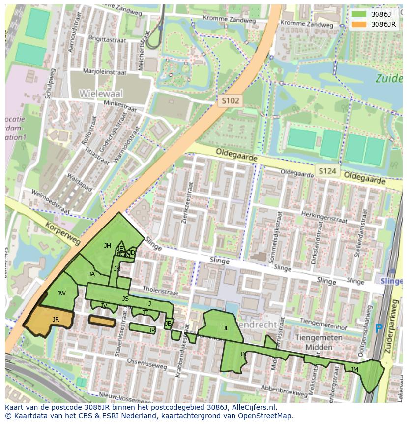 Afbeelding van het postcodegebied 3086 JR op de kaart.