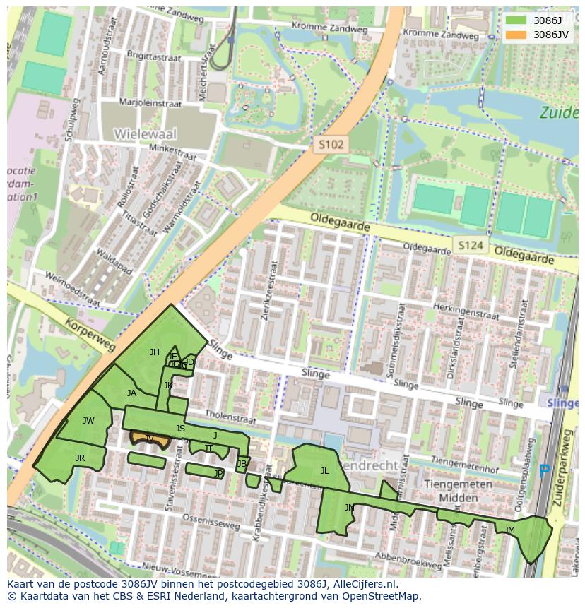 Afbeelding van het postcodegebied 3086 JV op de kaart.