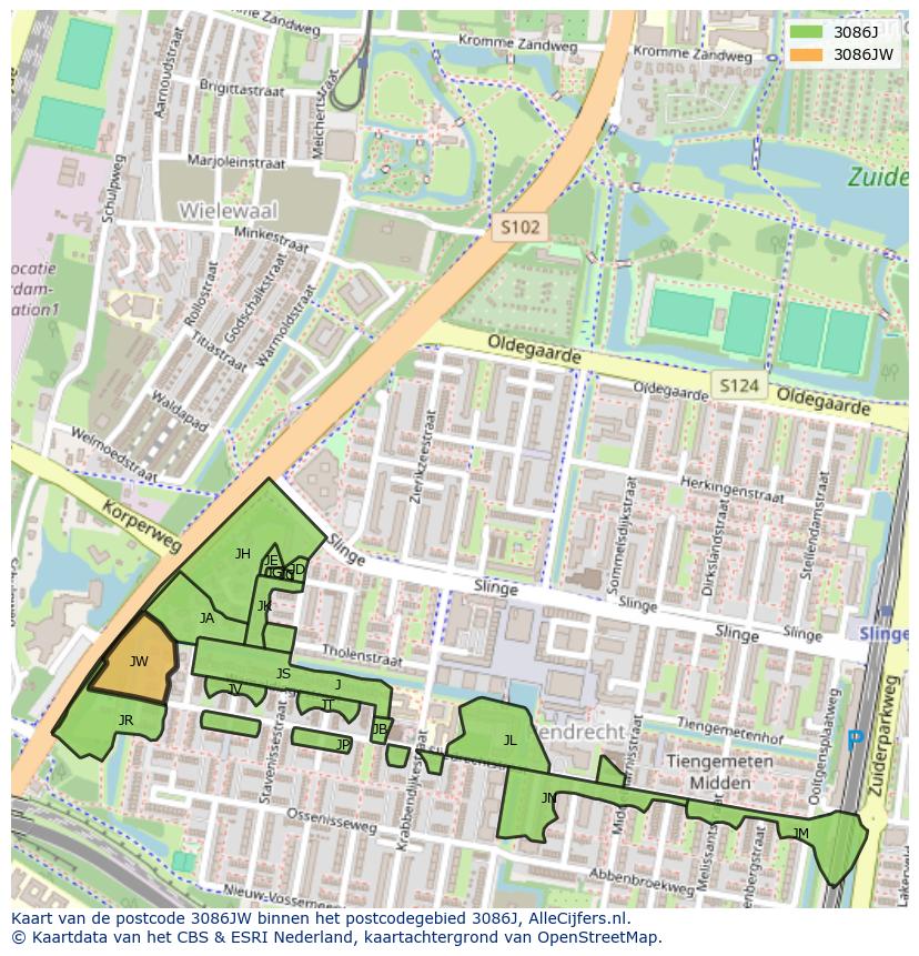 Afbeelding van het postcodegebied 3086 JW op de kaart.