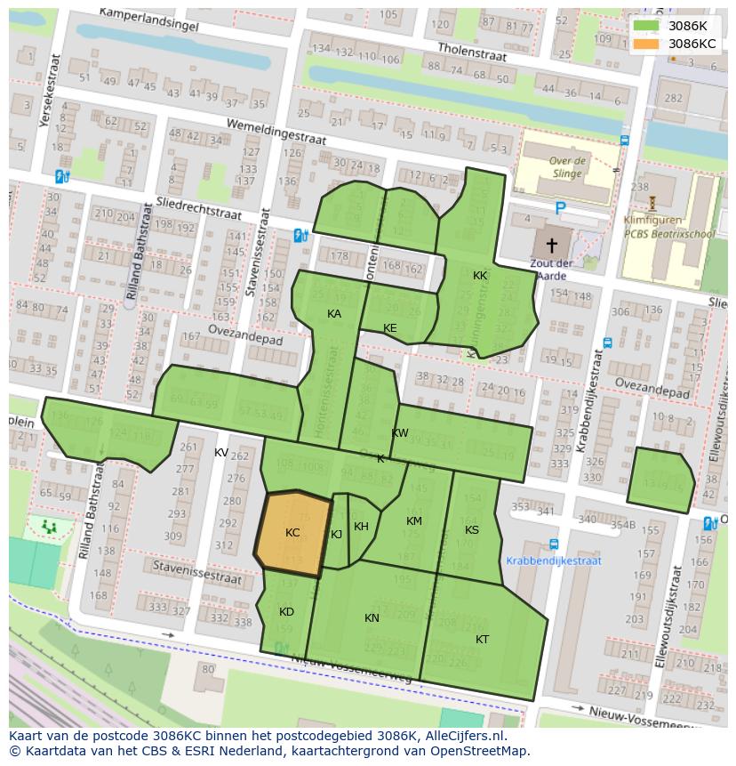 Afbeelding van het postcodegebied 3086 KC op de kaart.