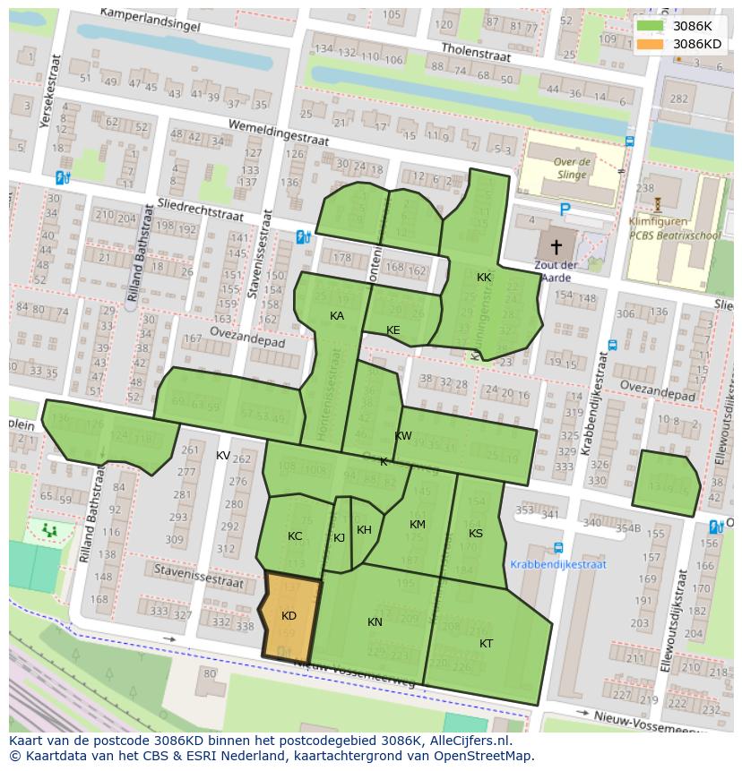 Afbeelding van het postcodegebied 3086 KD op de kaart.
