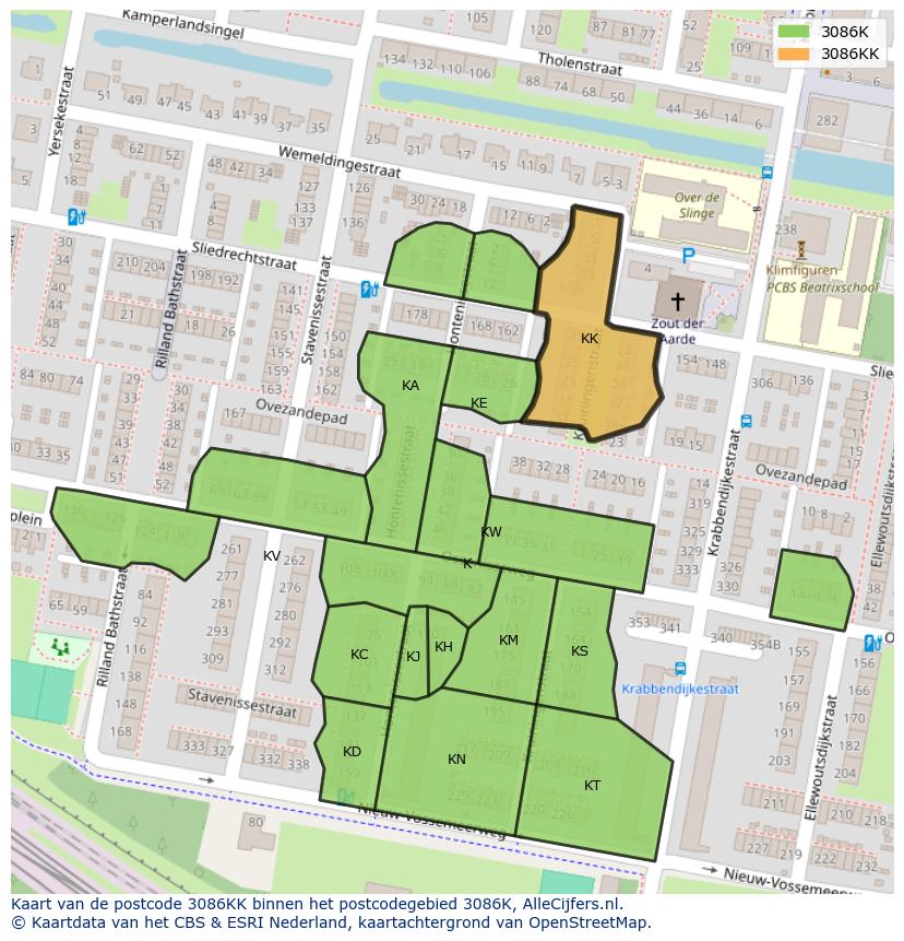 Afbeelding van het postcodegebied 3086 KK op de kaart.