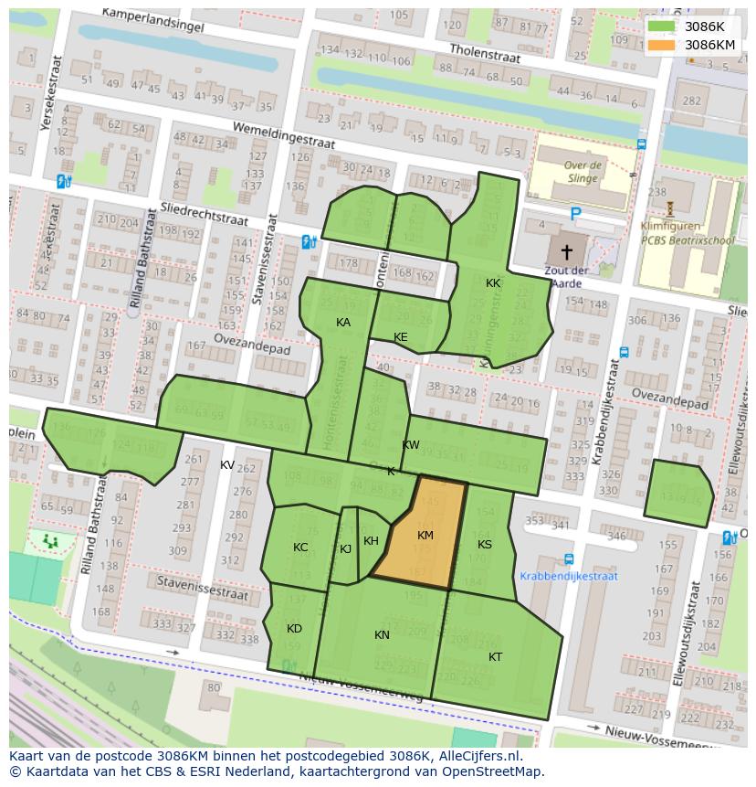 Afbeelding van het postcodegebied 3086 KM op de kaart.