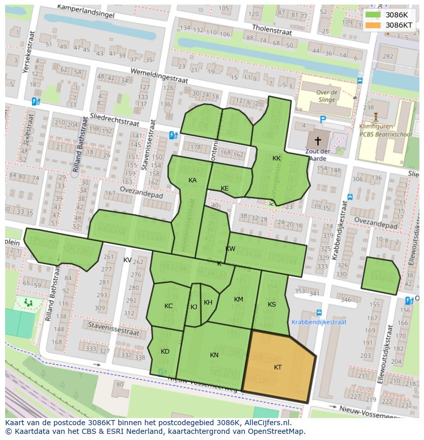 Afbeelding van het postcodegebied 3086 KT op de kaart.