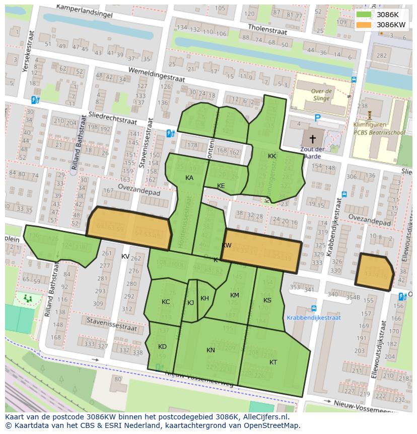 Afbeelding van het postcodegebied 3086 KW op de kaart.