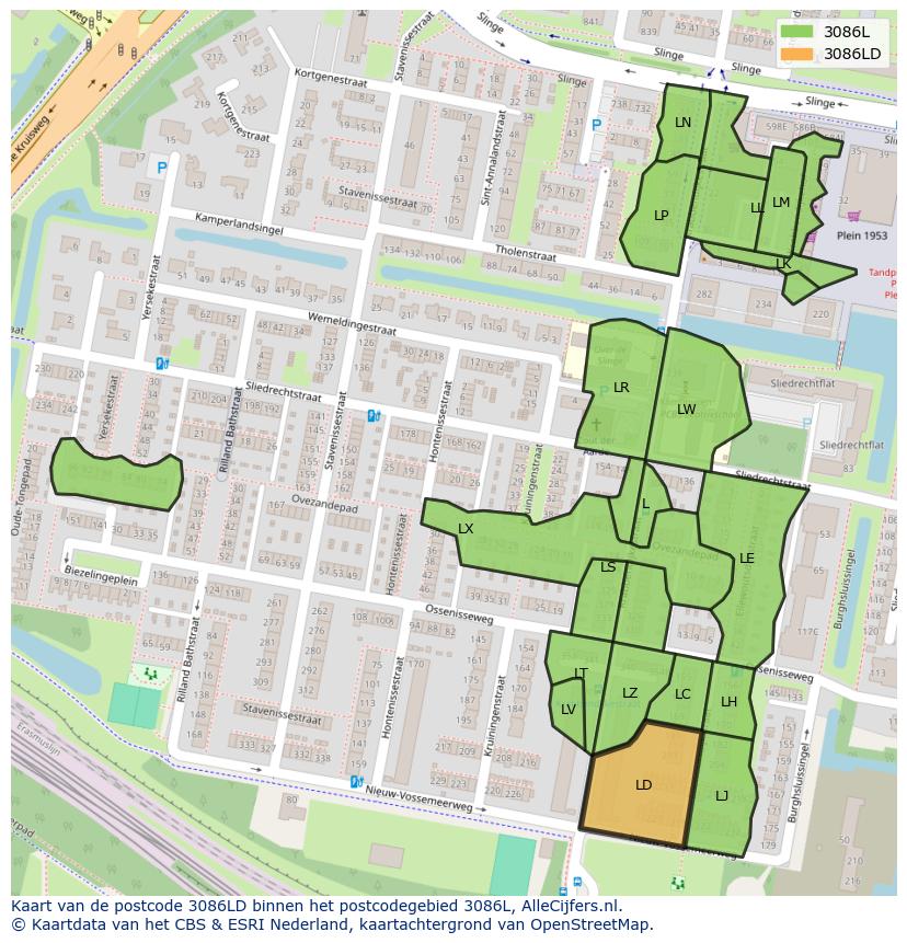 Afbeelding van het postcodegebied 3086 LD op de kaart.