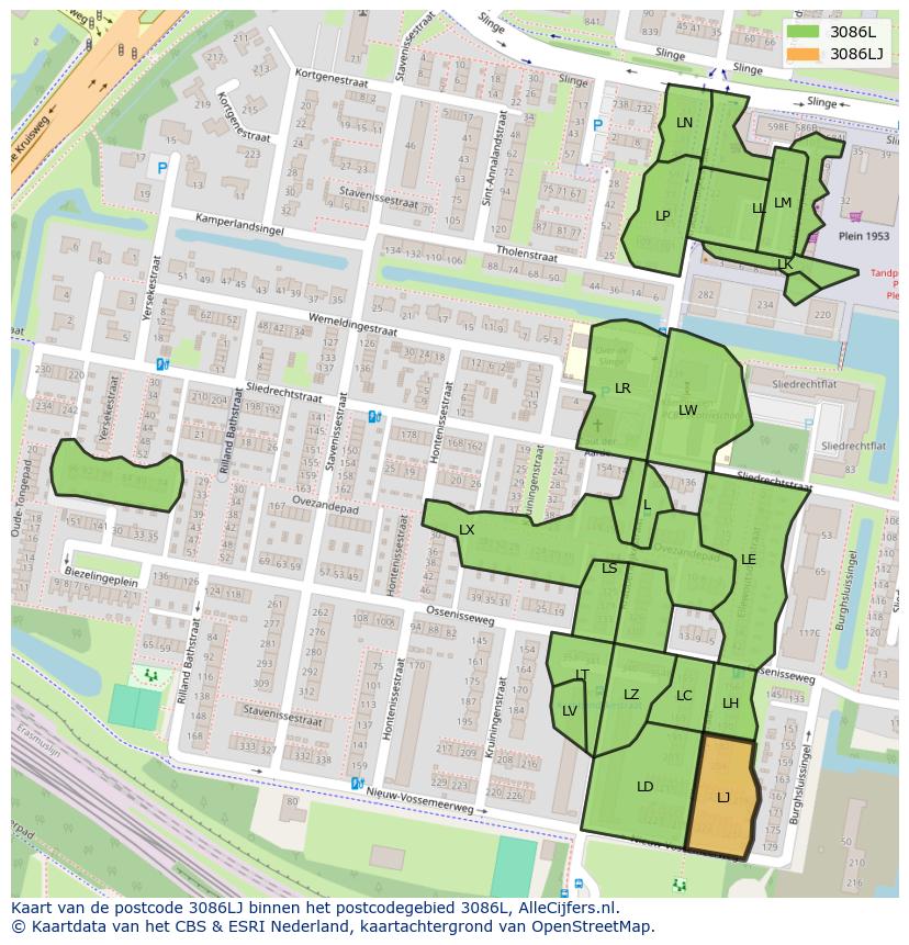 Afbeelding van het postcodegebied 3086 LJ op de kaart.