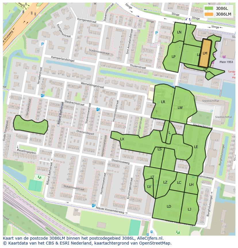 Afbeelding van het postcodegebied 3086 LM op de kaart.