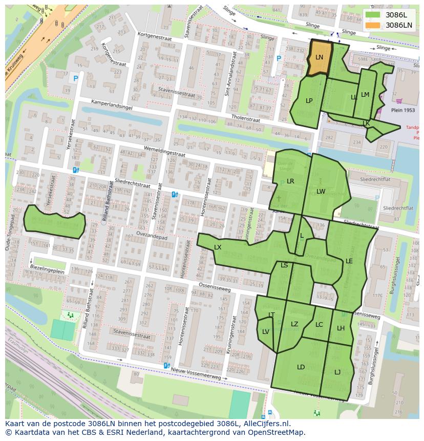 Afbeelding van het postcodegebied 3086 LN op de kaart.